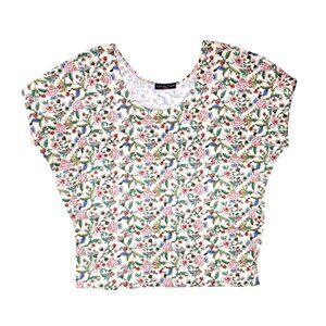 Kim & Cami Floral Print Blouse Women Size Medium Capped Sleeve Top Ribbed Knit